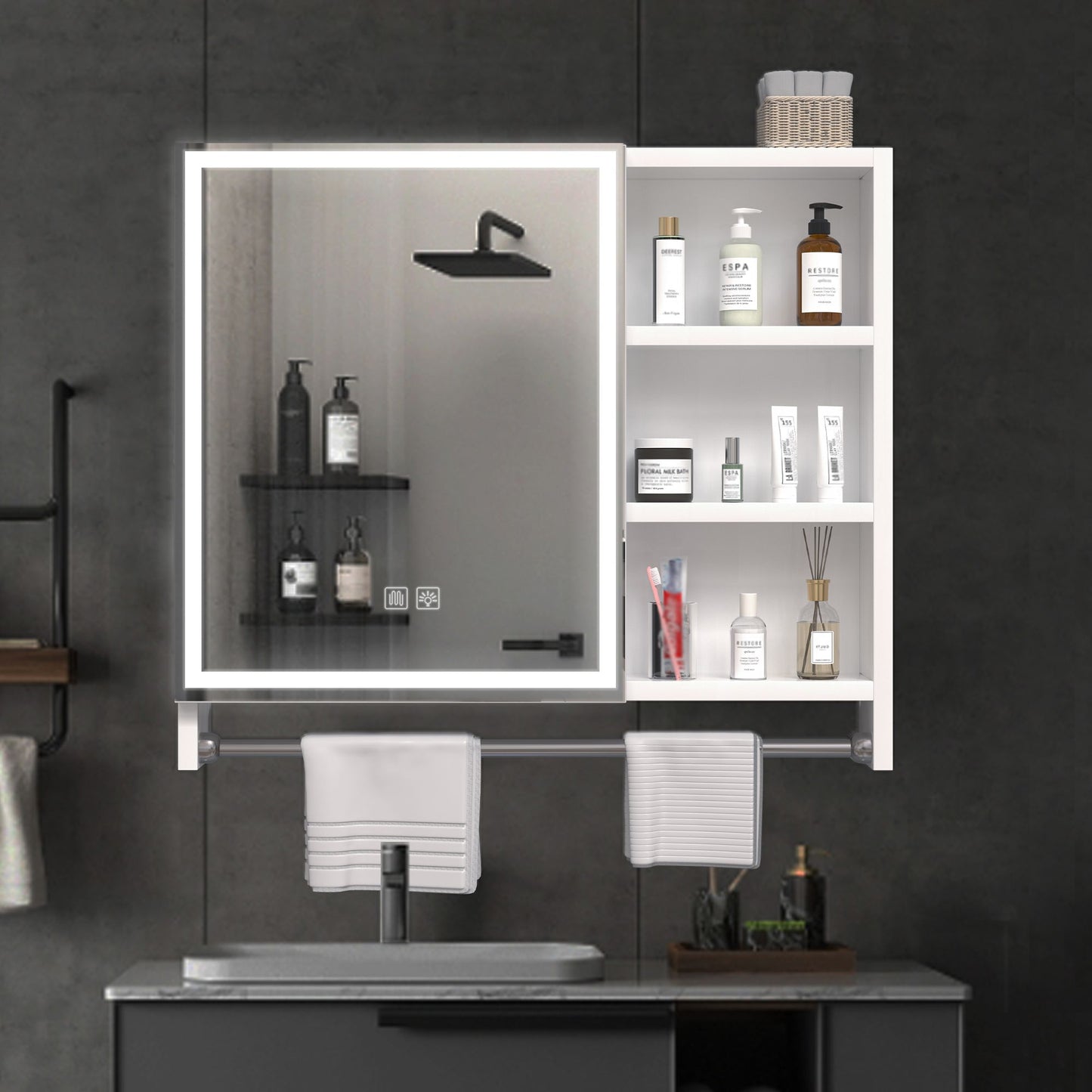 Modern 32x28inches bathroom cabinets, medicine cabinets with mirrors and LED lights, and towel rails