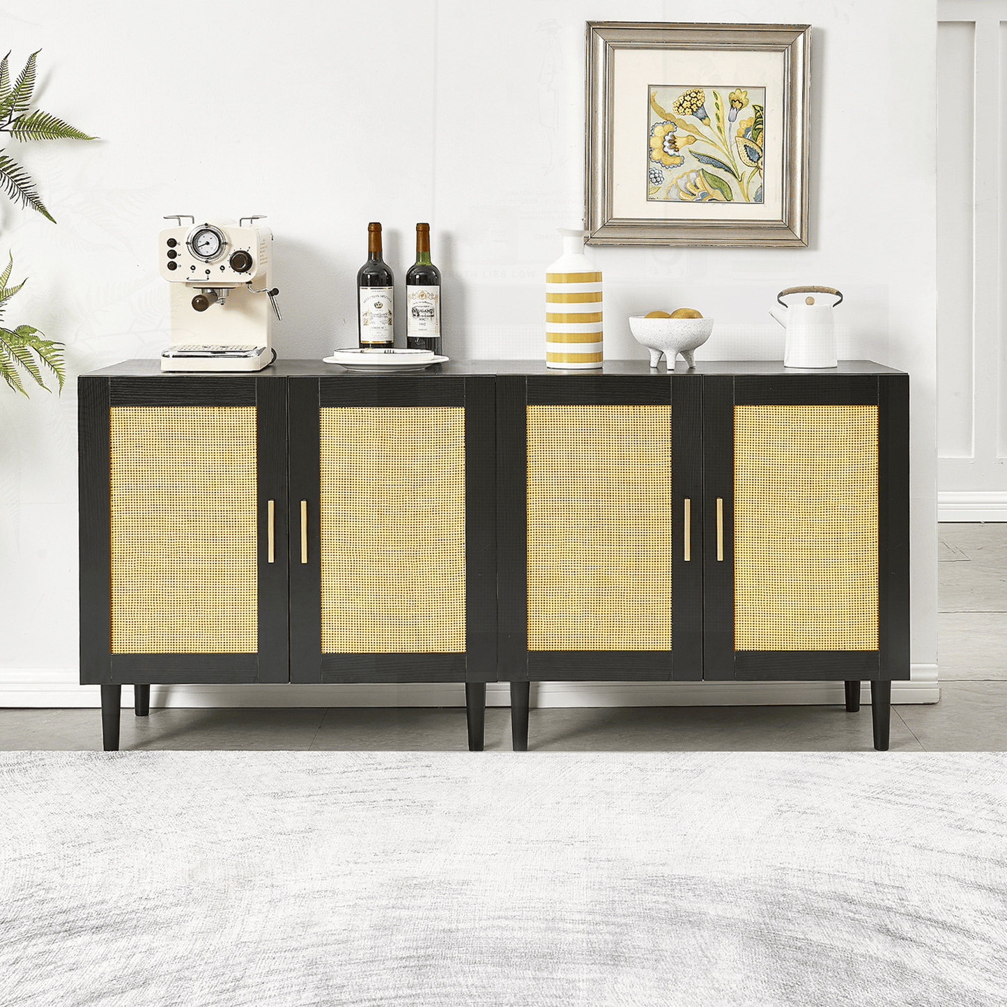 Rattan Side panel buffet cabinet with adjustable shelves, modern console for home