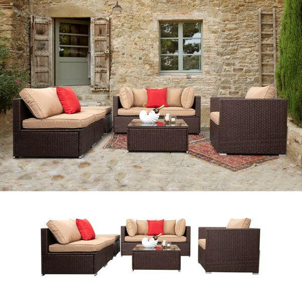 7 Pieces Wood Grain Patio PE Wicker Rattan Corner Sofa Set.