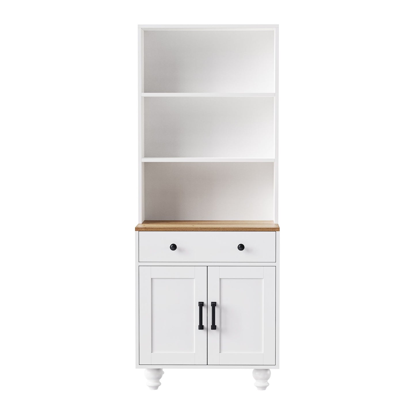 ON-TREND Farmhouse Storage Cabinet with 4 Solid Wood Gourd-Shaped Legs, Modern Kitchen Pantry Cabinet with Adjustable Shelves, 5 Tier Bookshelf with Drawer for Living Room, White