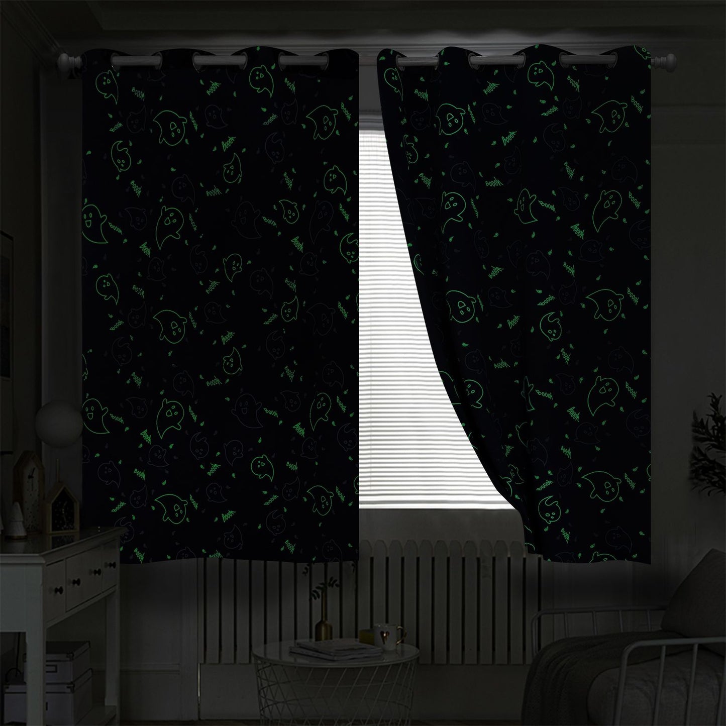 Muwago Ghost Demon Dark Blue Blackout Curtains Luminous Glow in The Dark Themed Grommet Thermal Insulated Curtains Bedroom and Living Room Window Treatment