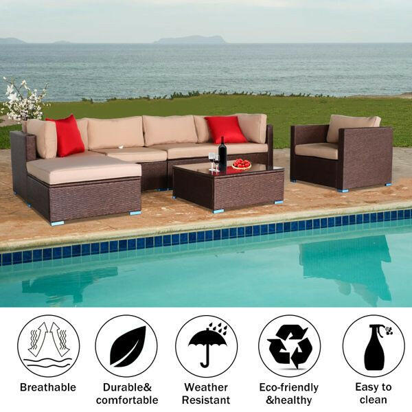 7 Pieces Wood Grain Patio PE Wicker Rattan Corner Sofa Set.