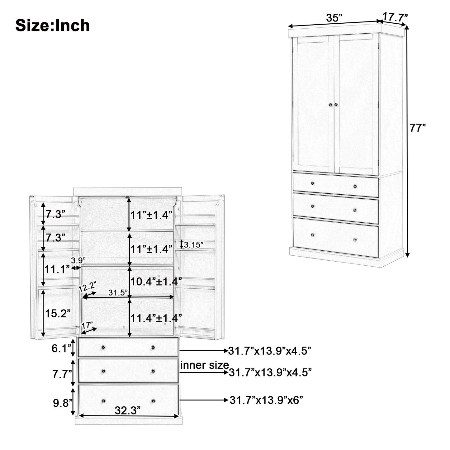 TOPMAX 77 inch Farmhouse Kitchen Pantry, Freestanding Storage Cabinet with 3 Adjustable Shelves, 8 Door Shelves, 3 Drawers, White