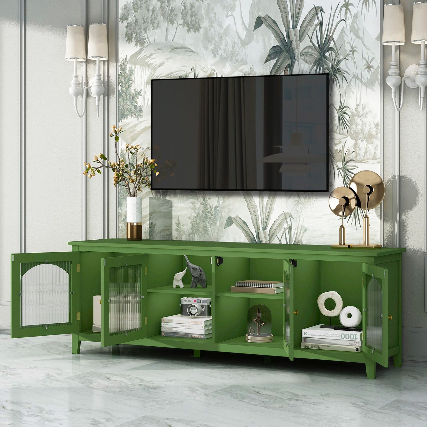 71-inch stylish TV cabinet,Entertainment CenterTV stand,TVConsoleTable, Media Console,solidwood frame,Changhong glass door,Metal handle,antique green,for the children's room,bedroom Living Room