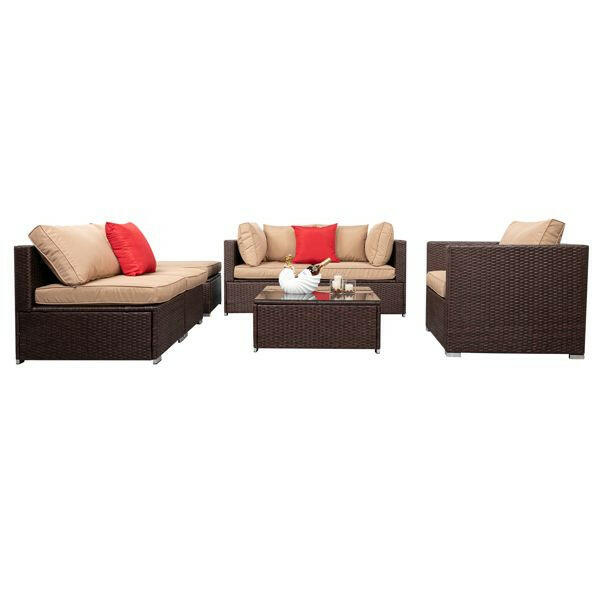 7 Pieces Wood Grain Patio PE Wicker Rattan Corner Sofa Set.