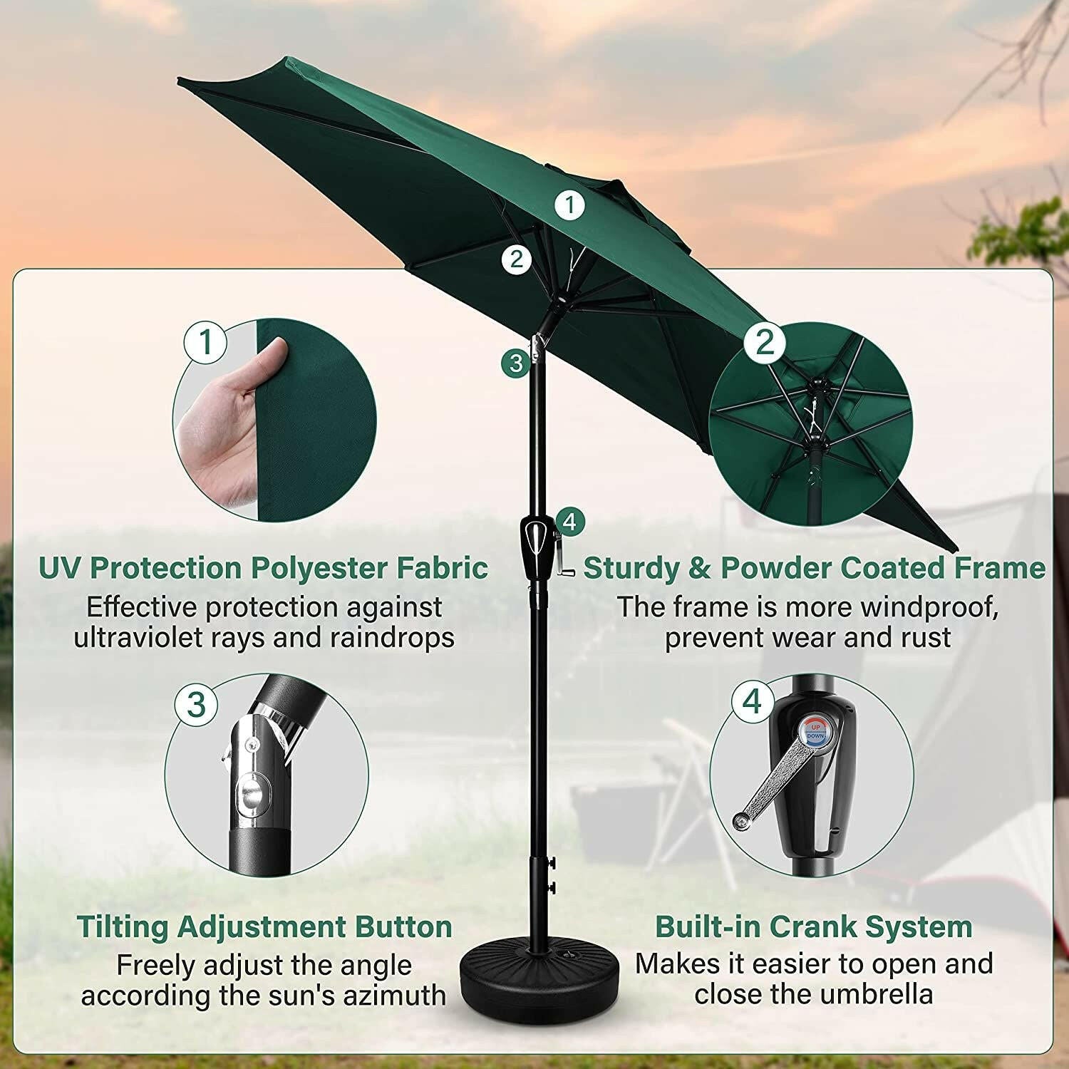 Simple Deluxe 7.5' Patio Outdoor Table Market Yard Umbrella with Push Button Tilt/Crank, 6 Sturdy Ribs for Garden, Deck, Backyard, Pool, 7.5ft, Green.