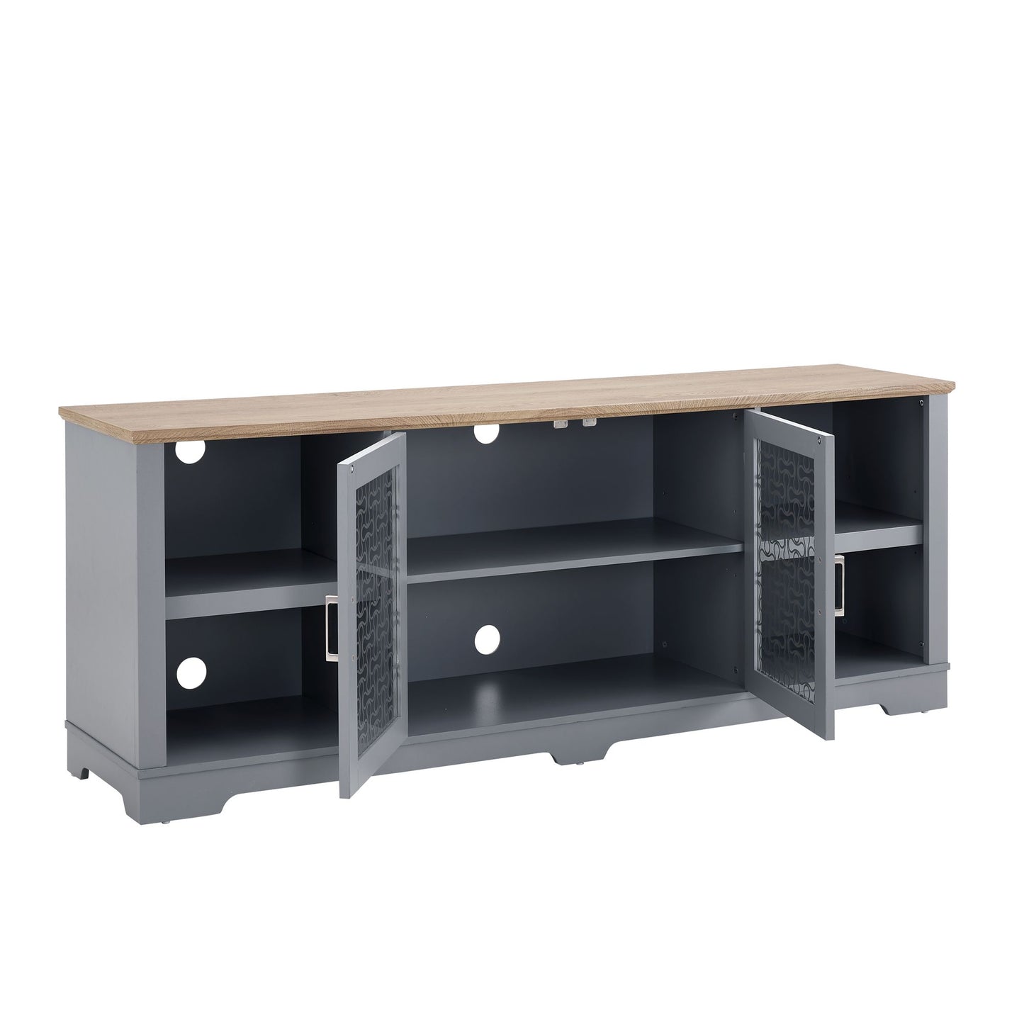 Modern Farmhouse Home Entertainment Console, for TV Up to 80'', with Open Shelves and Glass Door Cabinets, Light Blue and Light Oak, 70"W*15.55"D*26.85"H