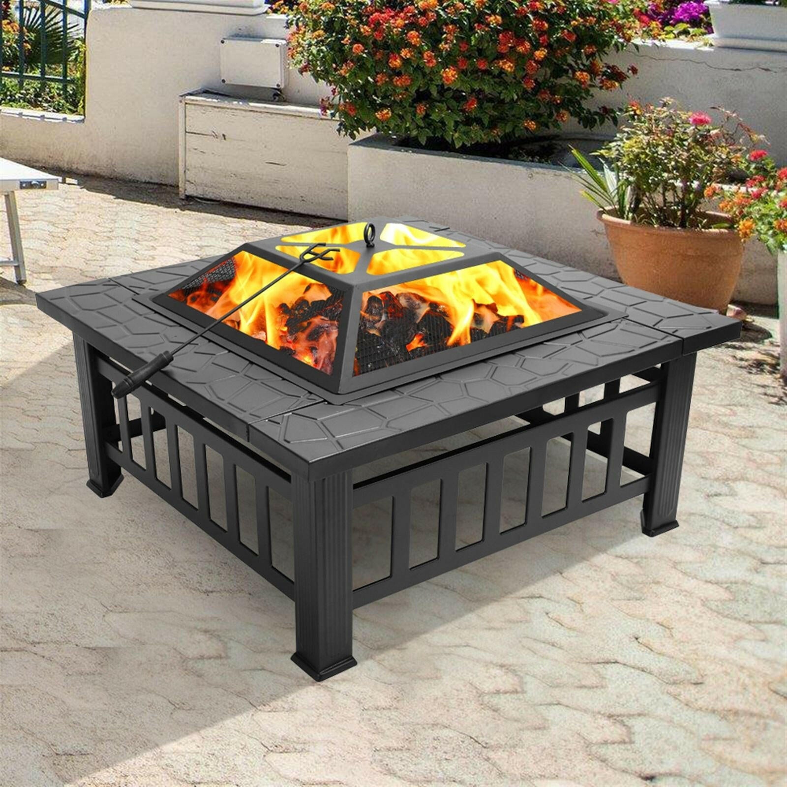 Portable Courtyard Metal Fire Pit with Accessories Black.