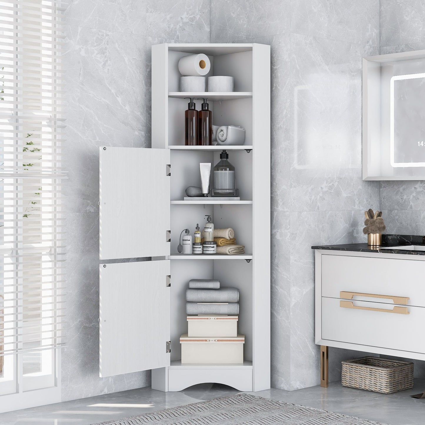 Tall Bathroom Corner Cabinet;  Freestanding Storage Cabinet with Doors and Adjustable Shelves;  MDF Board