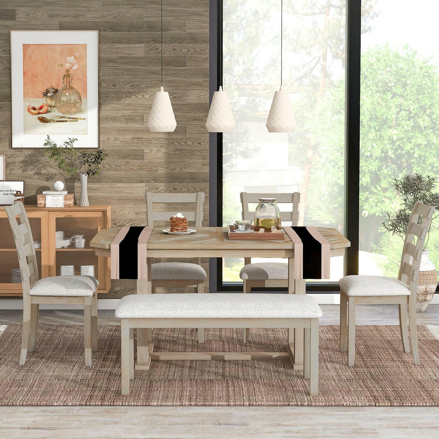 TREXM 6-Piece Rubber Wood Dining Table Set with Beautiful Wood Grain Pattern Tabletop Solid Wood Veneer and Soft Cushion (Natural Wood Wash).