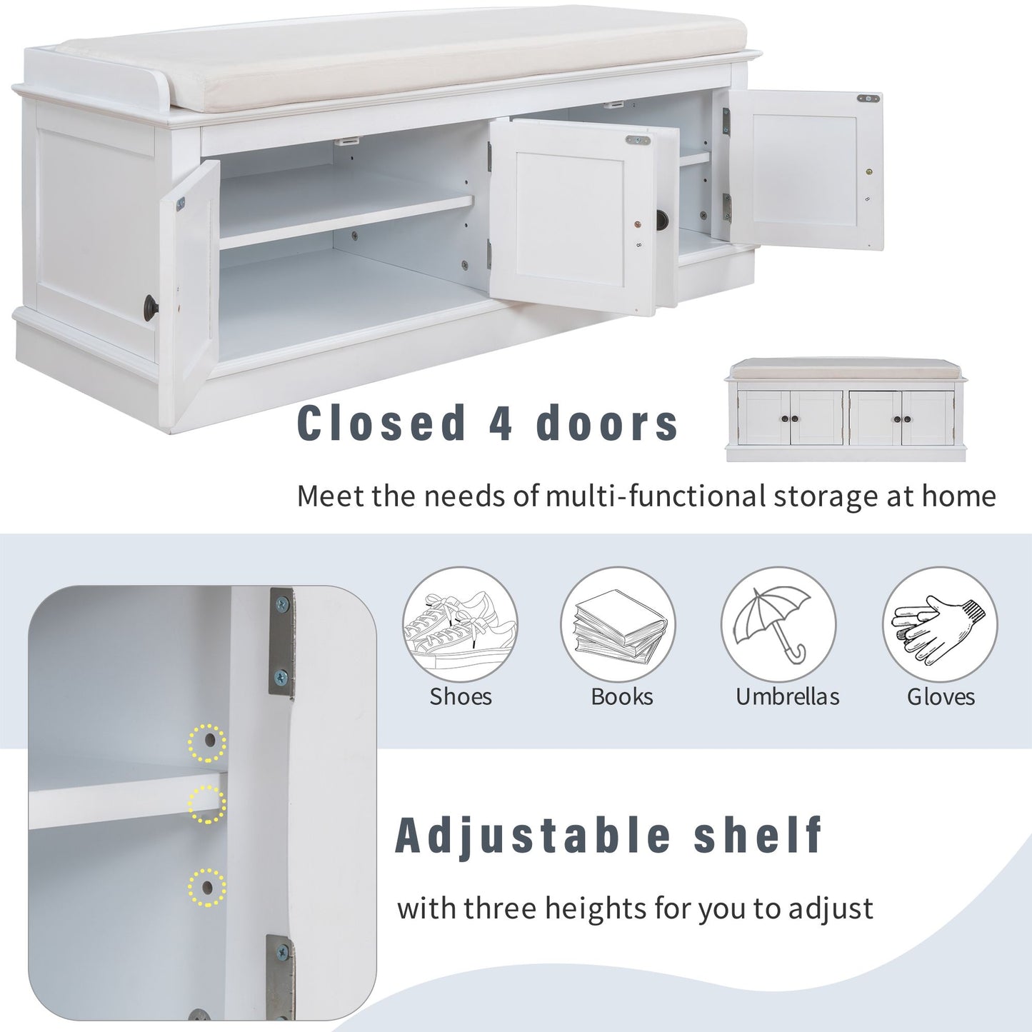 Storage Bench with 4 Doors and Adjustable Shelves,Shoe Bench with Removable Cushion for Living Room,Entryway