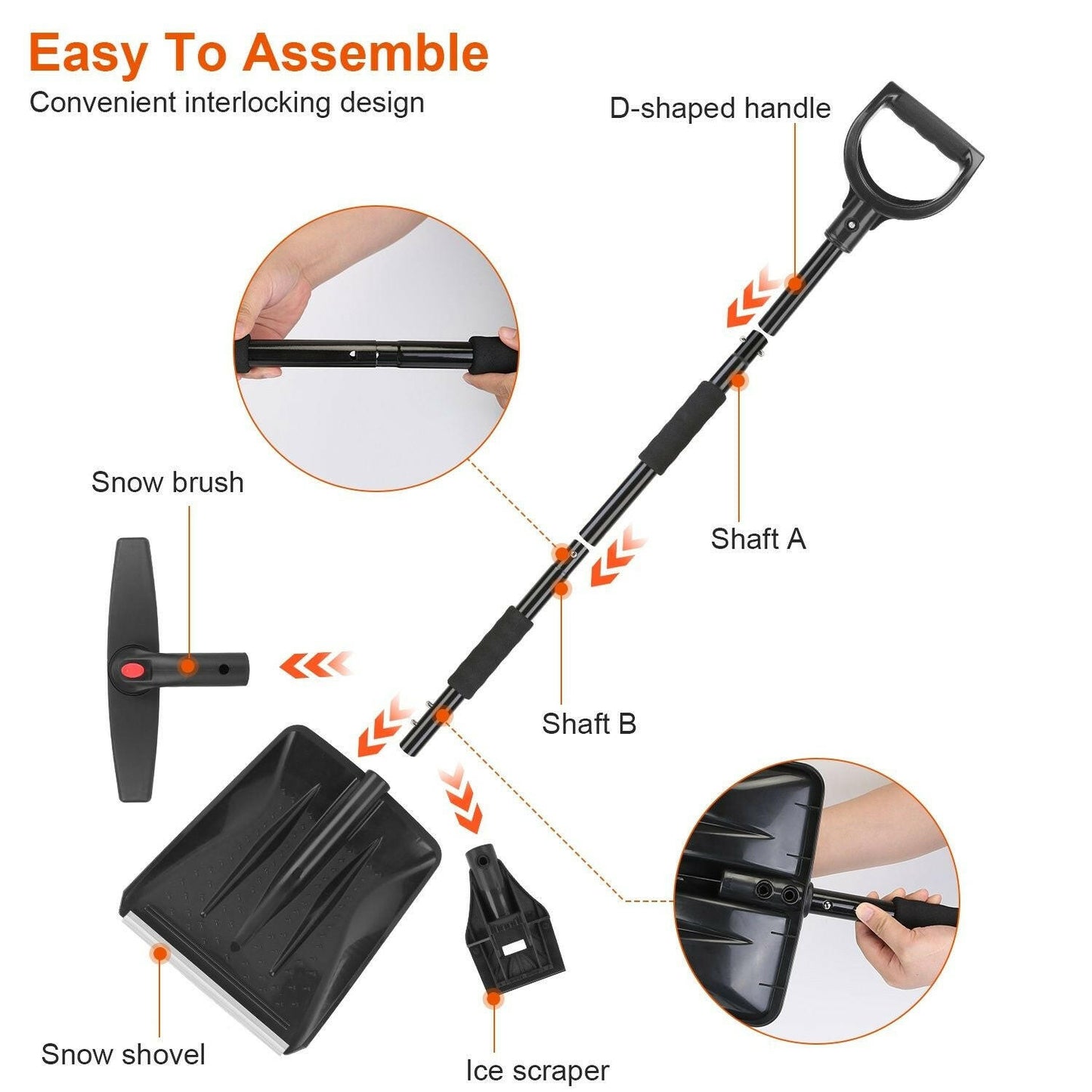 45.7 in. Metal Handle Steel 3-In-1 Snow Shovel Kit Brush Ice Scraper Collapsible Design Snow Removal.