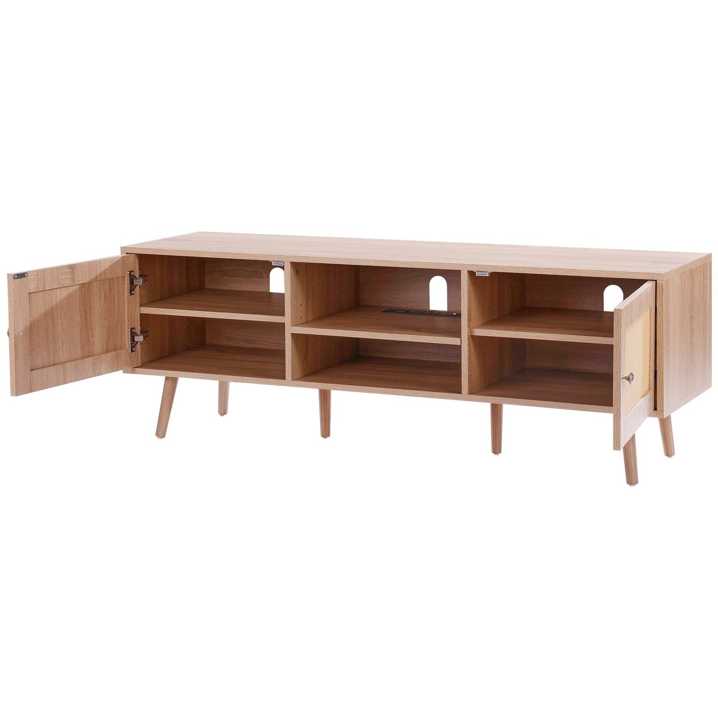 VEVOR Rattan Mid Century Modern TV Stand for 65 inch with Built-in Socket and USB Ports, Adjustable Shelves, Oak