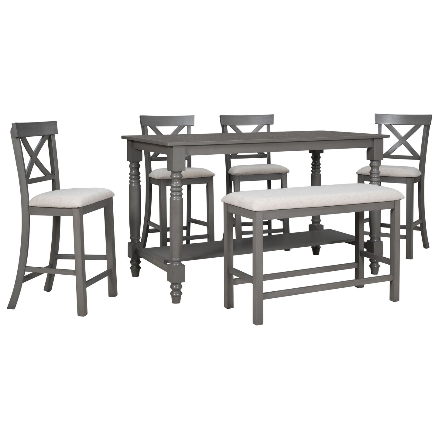 TREXM 6-Piece Counter Height Dining Table Set Table with Shelf 4 Chairs and Bench for Dining Room (Gray)