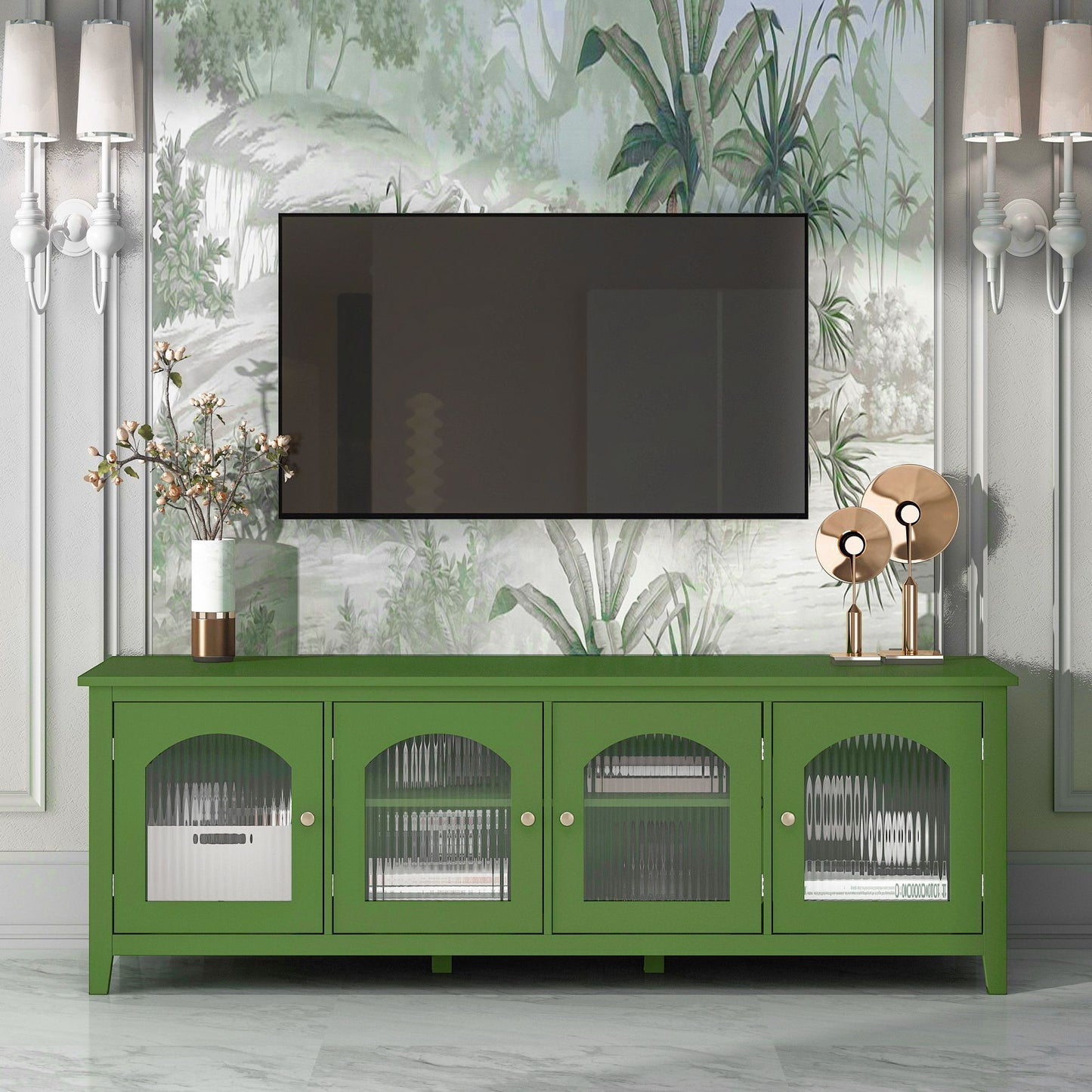 71-inch stylish TV cabinet,Entertainment CenterTV stand,TVConsoleTable, Media Console,solidwood frame,Changhong glass door,Metal handle,antique green,for the children's room,bedroom Living Room