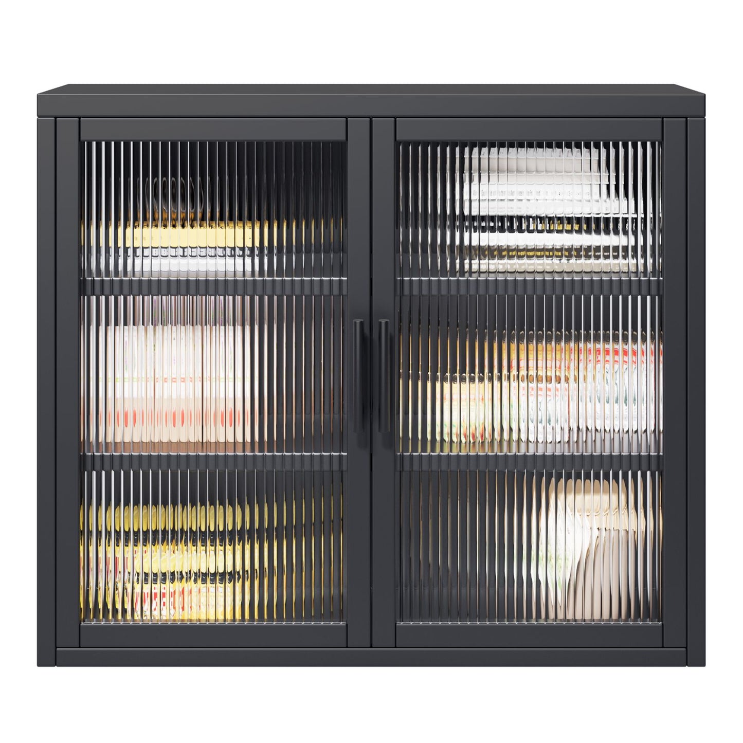 Retro Style Haze Double Glass Door Wall Cabinet With Detachable Shelves for Office, Dining Room,Living Room, Kitchen and Bathroom Black