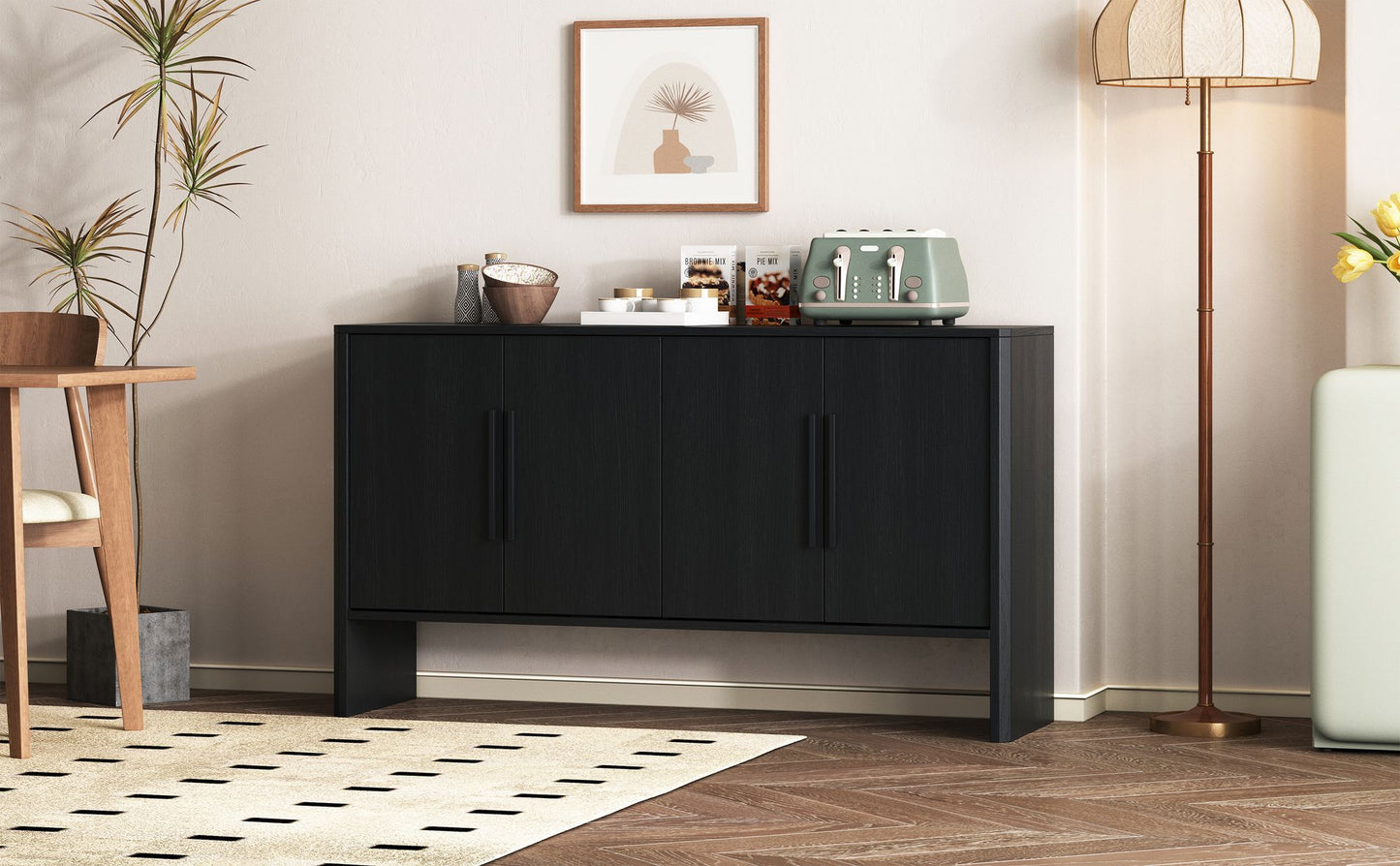 TREXM 4-Door Large Storage Retro Sideboard with Adjustable Shelves and Long Handles for Kitchen, Dining Room and Living Room (Black)