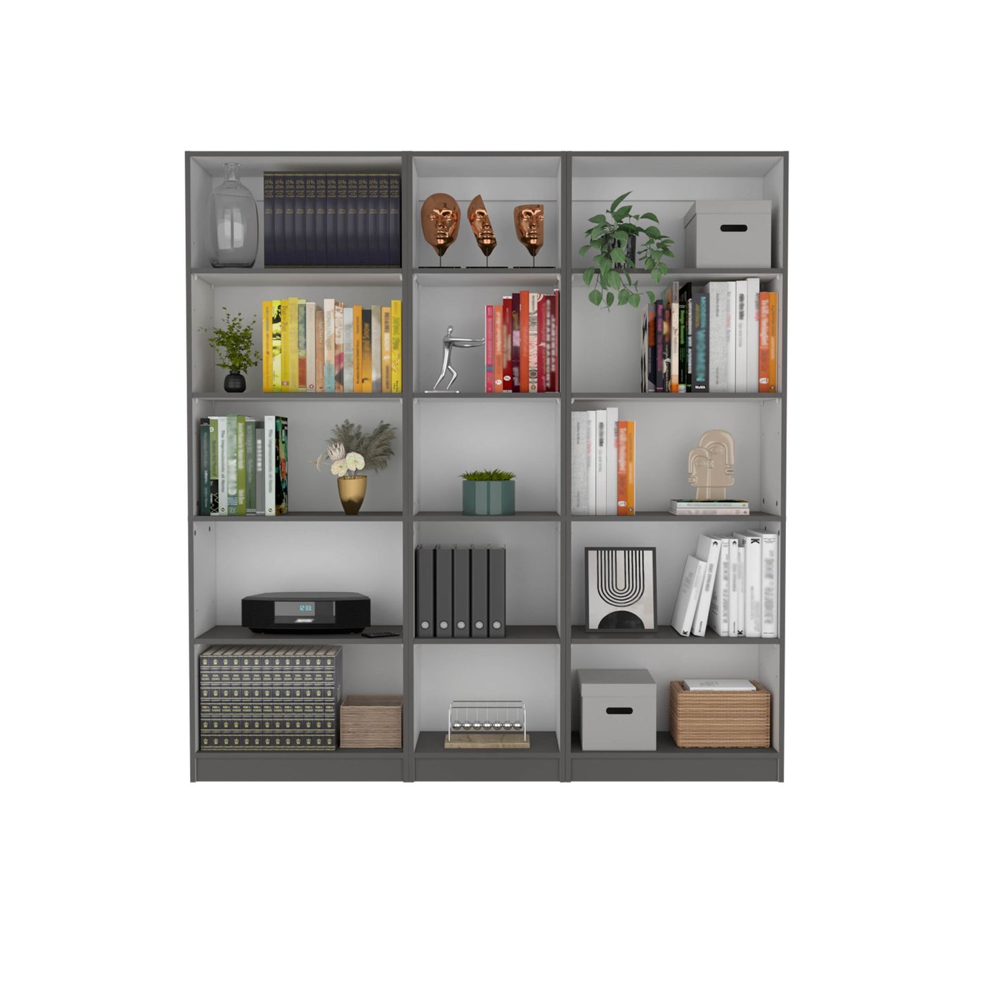 Luetz 3 Piece Home Bookcase set, 67" Wide with 15 Shelves ,Gray - White