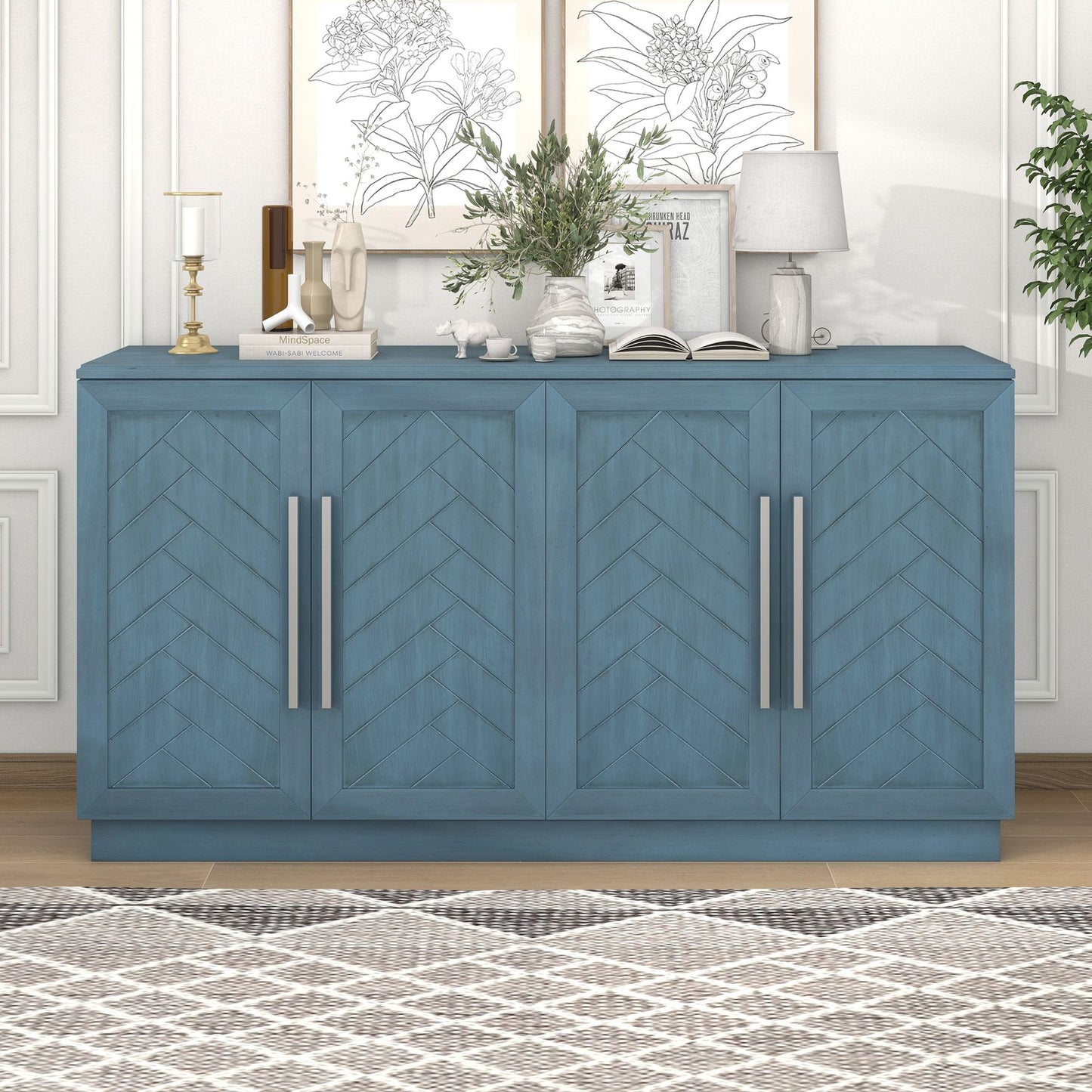 TREXM Sideboard with 4 Doors Large Storage Space Buffet Cabinet with Adjustable Shelves and Silver Handles (Antique Blue)