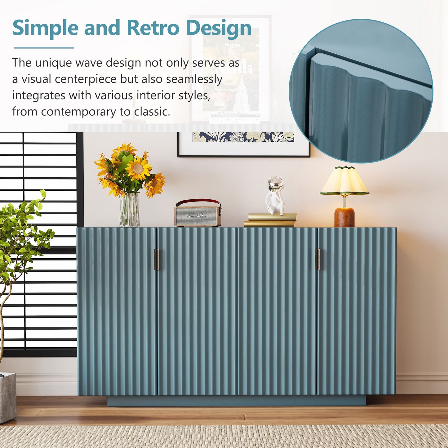 TREXM 4 Doors Storage Sideboard with Adjustable Shelves and Retro Copper Handles for Home, ANTIQUE BLUE