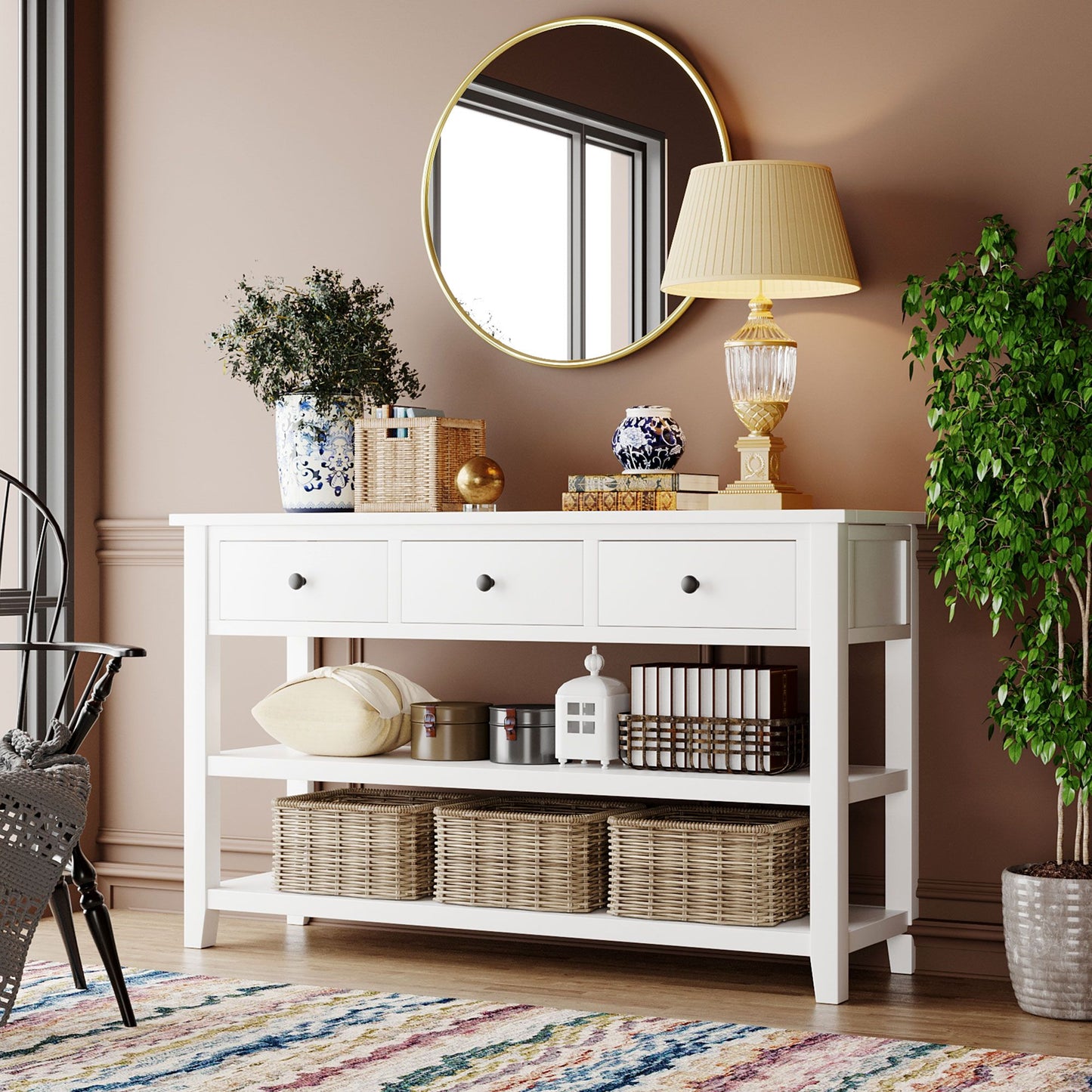 Retro Design Console Table with Two Open Shelves, Pine Solid Wood Frame and Legs for Living Room