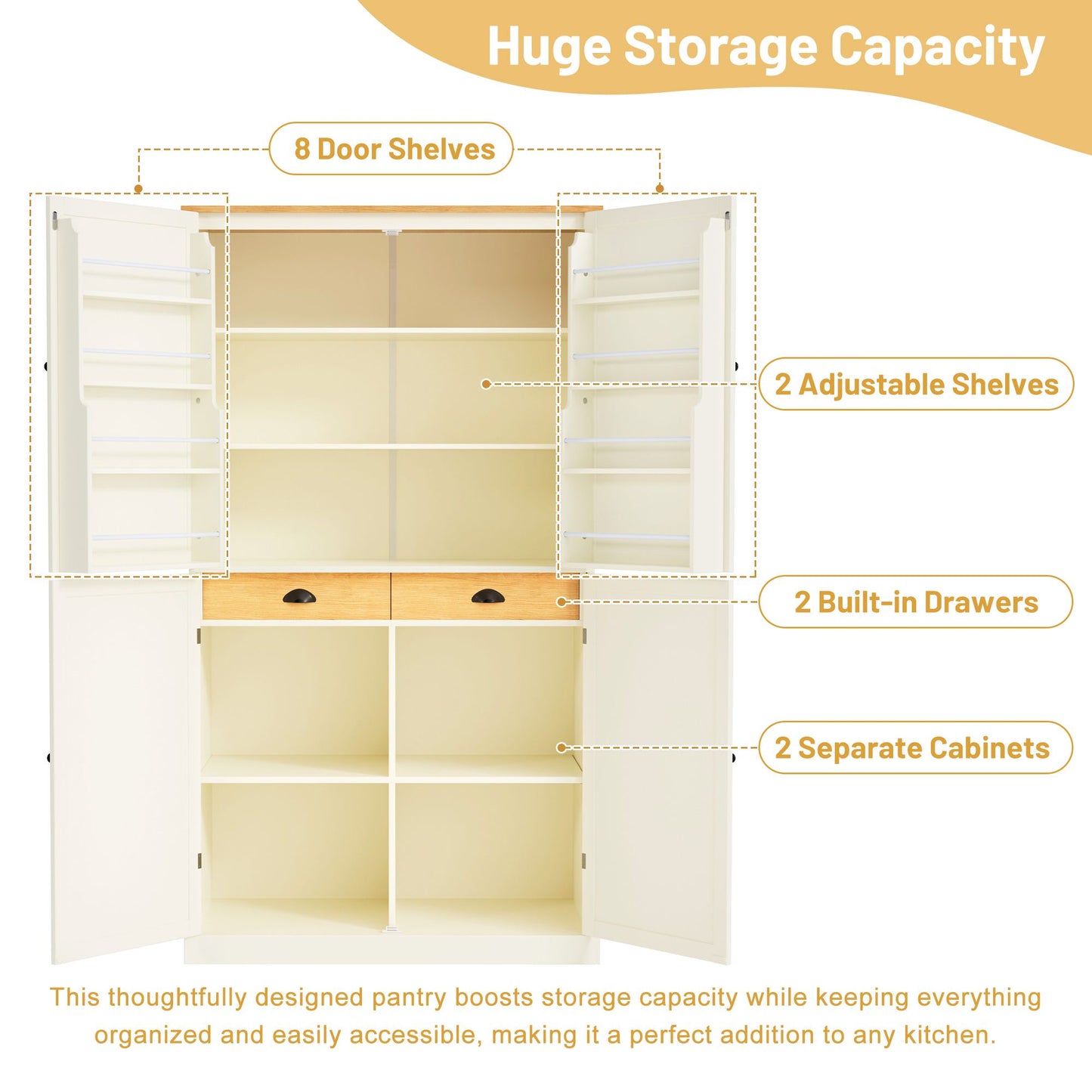 TOPMAX 40.2x20x71.3inch High Freestanding Kitchen Pantry Large Cupboard Storage Cabinet with 2 Drawers, 2 Adjustable Shelves, 8 Door Shelves for Kitchen, Dining Room,Cream