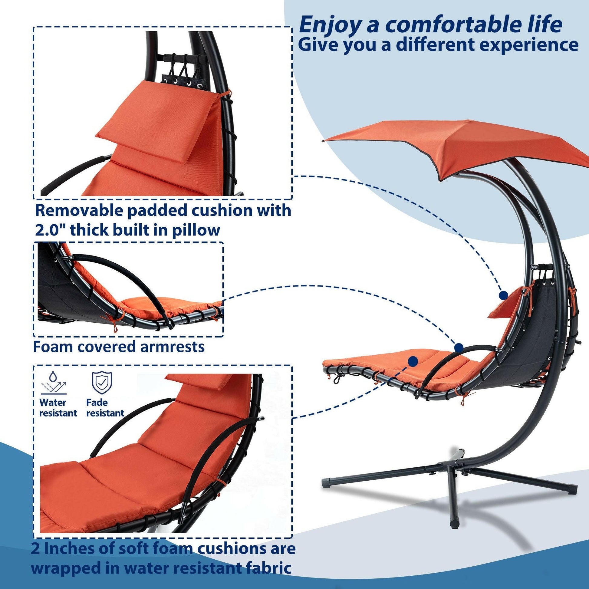 Hanging Chaise Lounger with Removable Canopy, Outdoor Swing Chair with Built-in Pillow, Hanging Curved Chaise Lounge Chair Swing for Patio Porch Poolside, Hammock Chair with Stand (Orange).