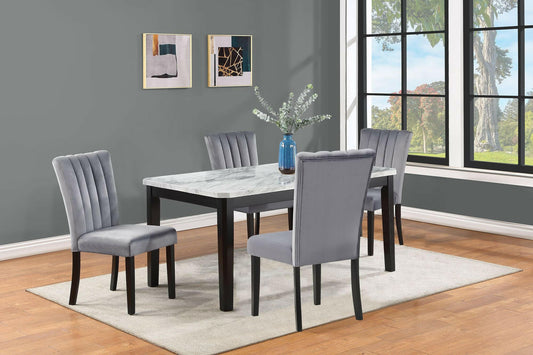 5-Piece Contemporary Dining Set Rectangular Faux Marble Table Top Black Finish Upholstered Chairs Channel Tufting Wooden Solid Wood Dining Room Kitchen Furniture.