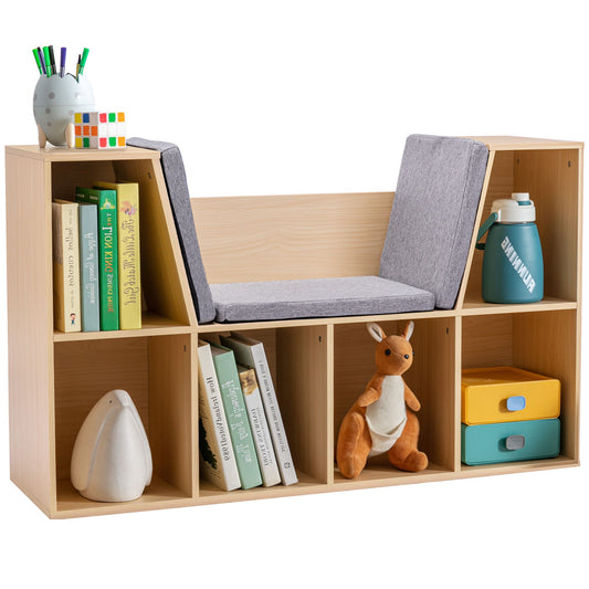 6-Cubby Kids Bookcase with Reading Nook and Cushion, Multi-Purpose Storage Organizer for Bedroom, Living Room, Natural