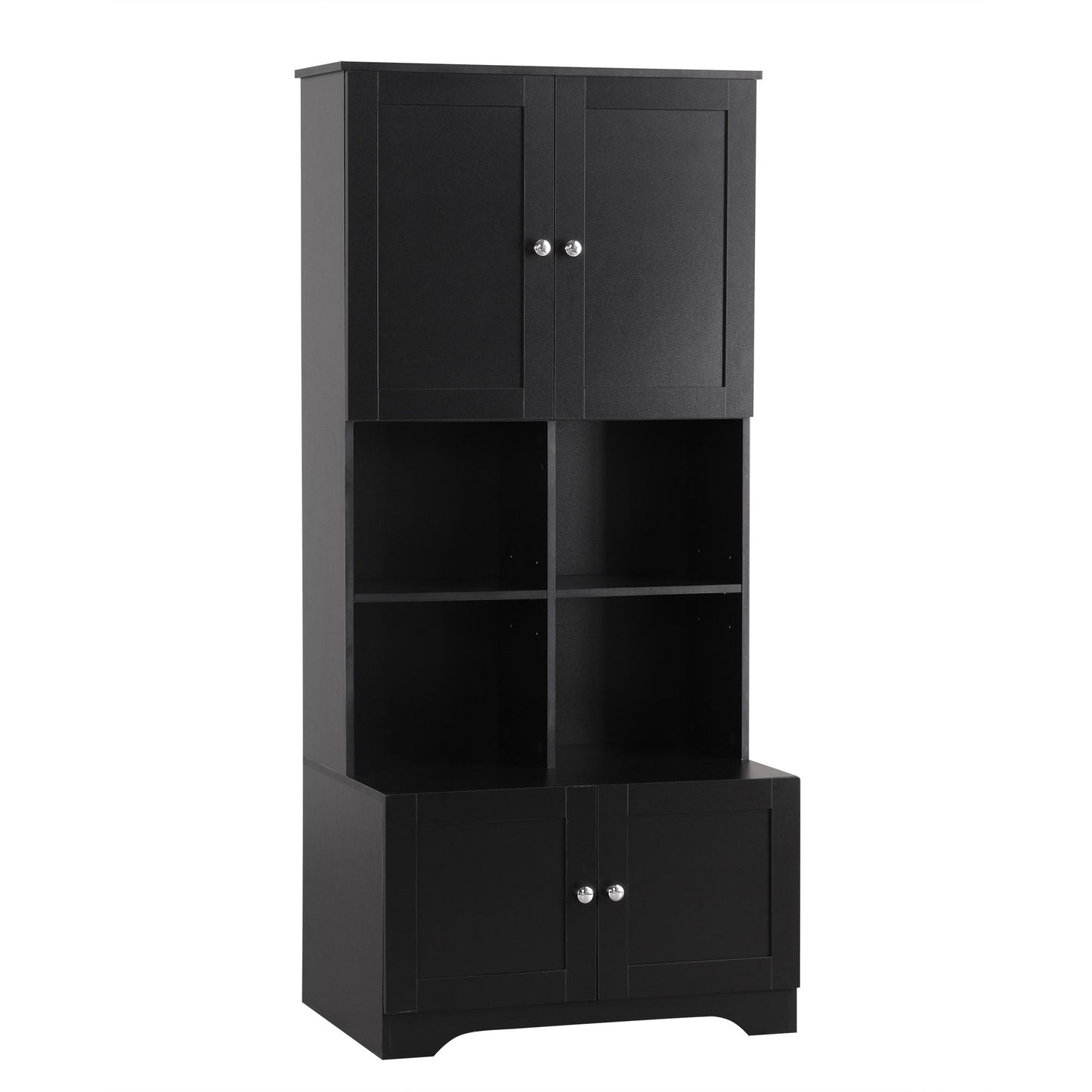 Bathroom Freestanding Cabinet with 4 Doors, Open multi-layer Shelves, Black