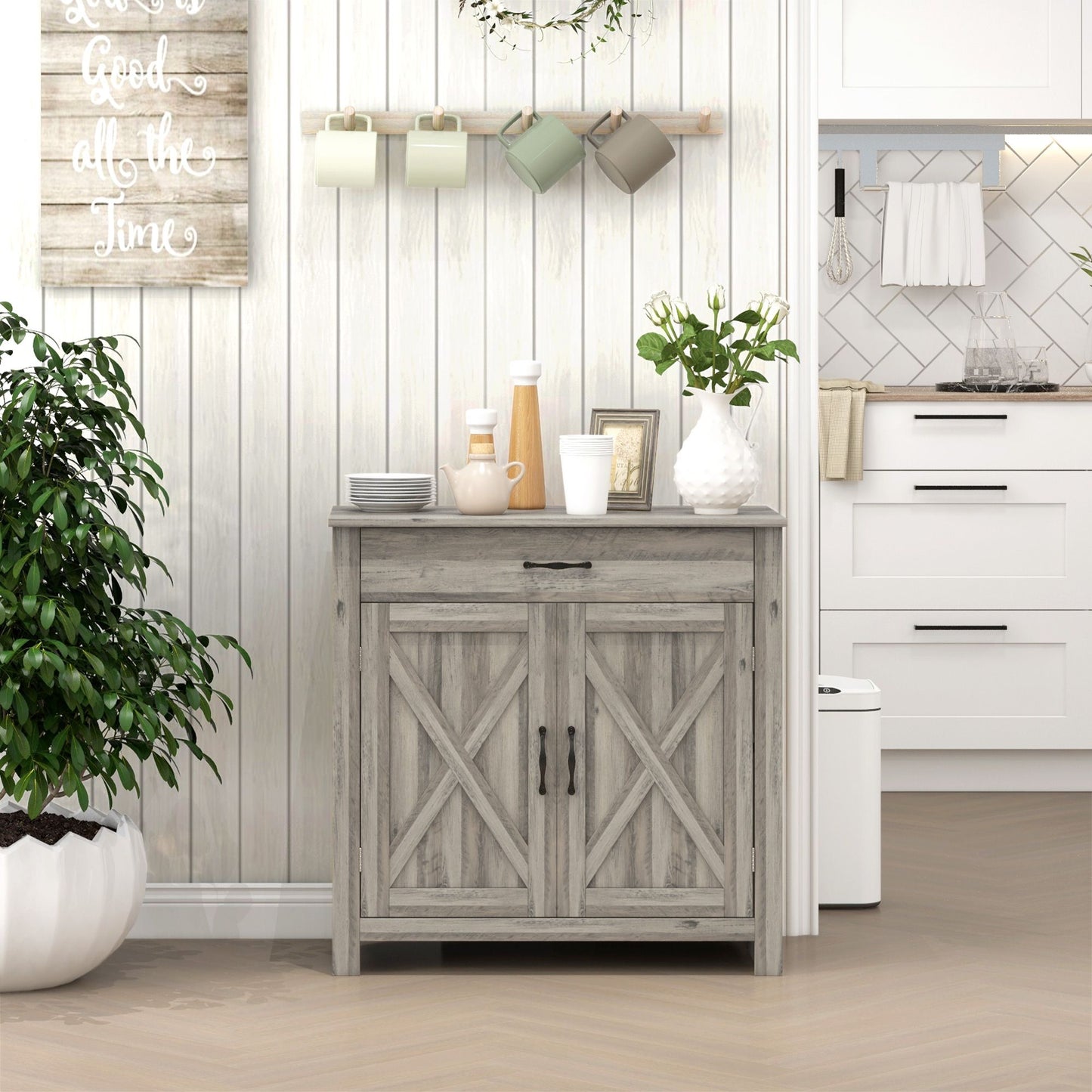 Farmhouse Sideboard Buffet Cabinet, with Drawer and Adjustable Shelf,  Gray Wash