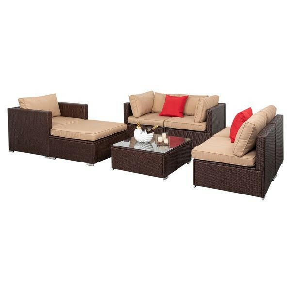 7 Pieces Wood Grain Patio PE Wicker Rattan Corner Sofa Set.