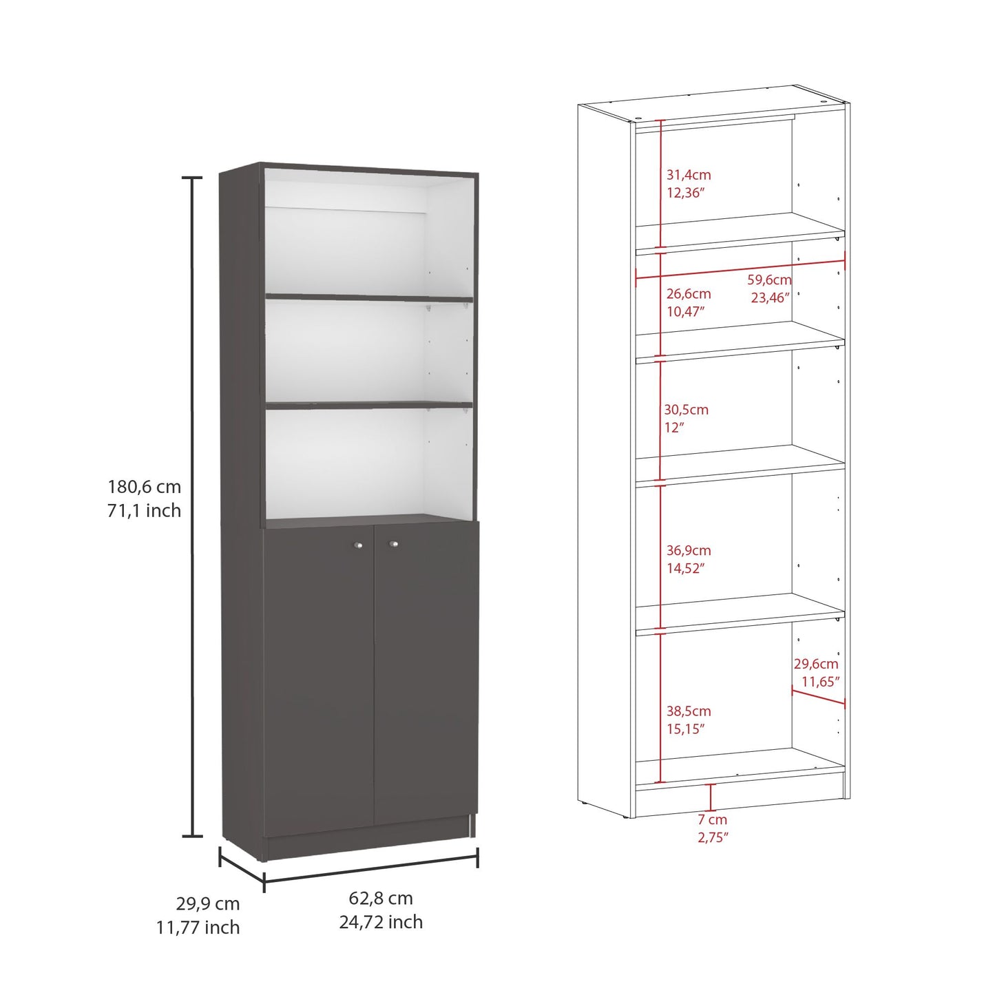 Layton 2 Piece Home Bookcase set, 49" Wide with 8 Shelves and Double Door Cabinet, Living Room Set Matte Gray - White