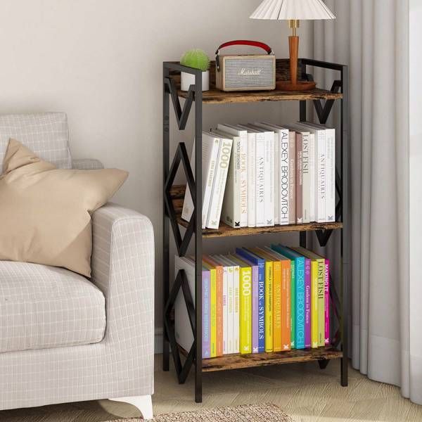 3 Tier Bookshelf For Small Space, Small Metal Bookshelf For Books, Organizers And Storage, Rustic Bookshelf, Table