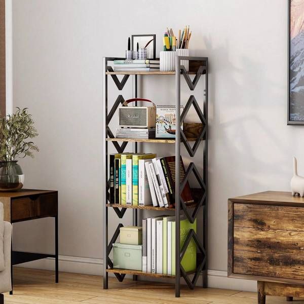 4 Tier Bookshelf For Small Space, Small Metal Bookshelf For Books, Organizers And Storage, Rustic Bookshelf, Table