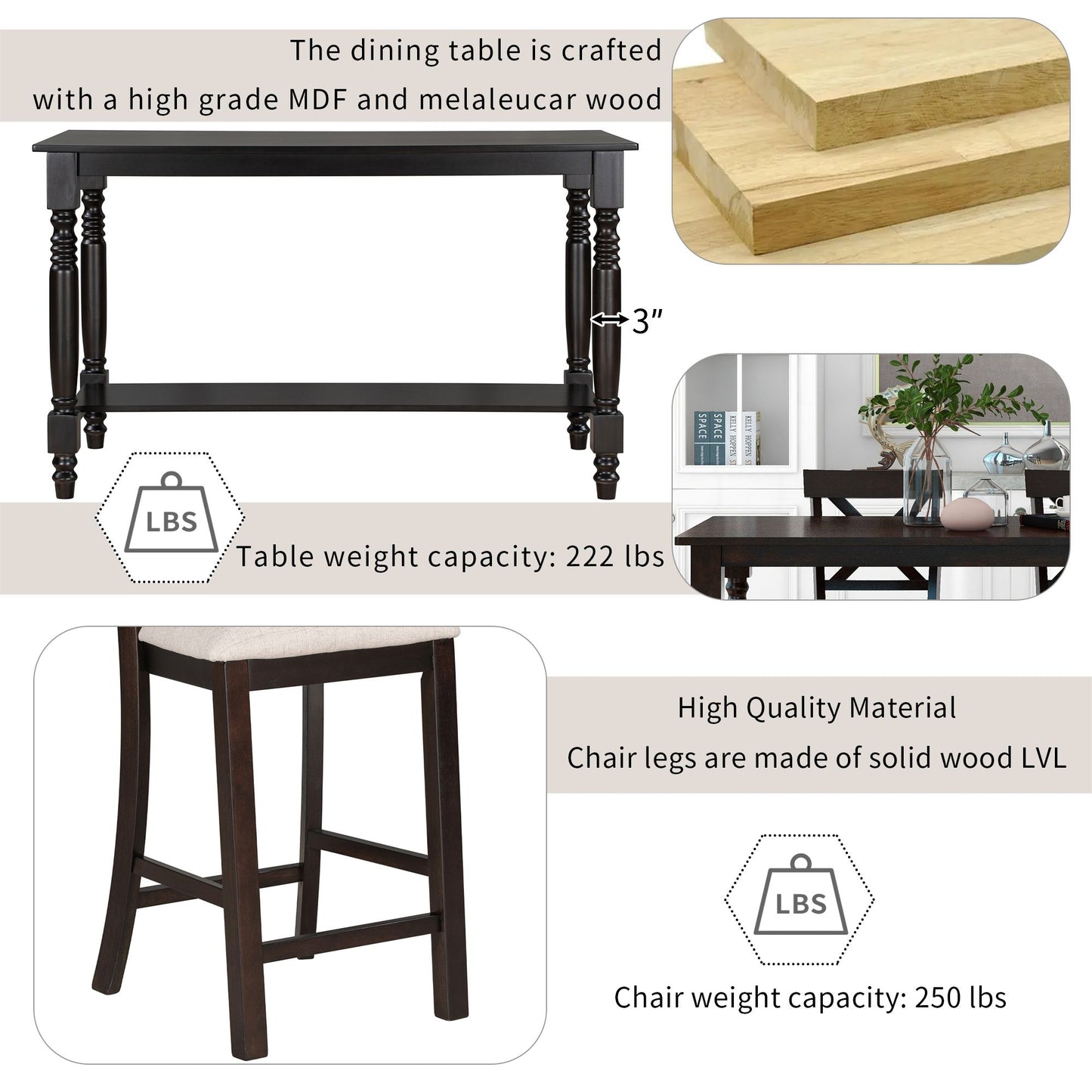 6-Piece Counter Height Dining Table Set Table with Shelf 4 Chairs and Bench for Dining Room