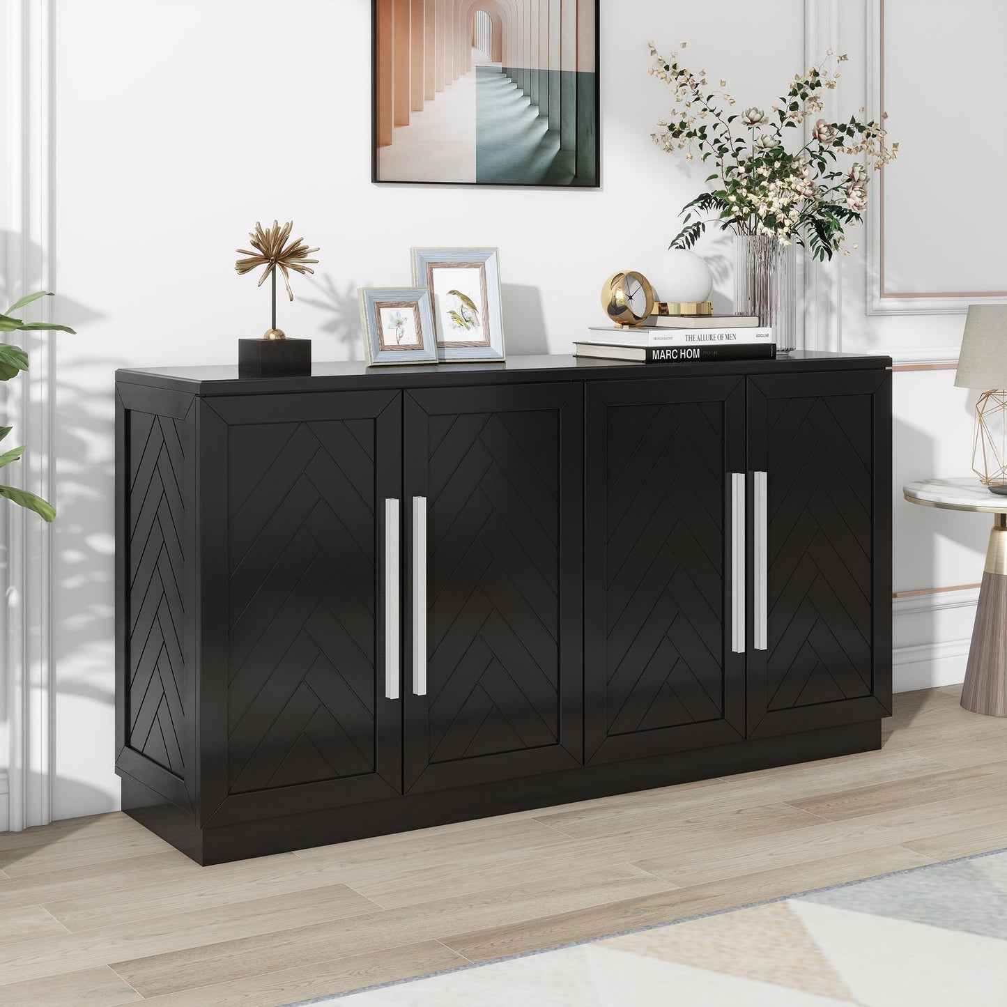 TREXM Sideboard 4 Doors Storage Buffet Cabinet with Adjustable Shelves and Silver Handles, Black