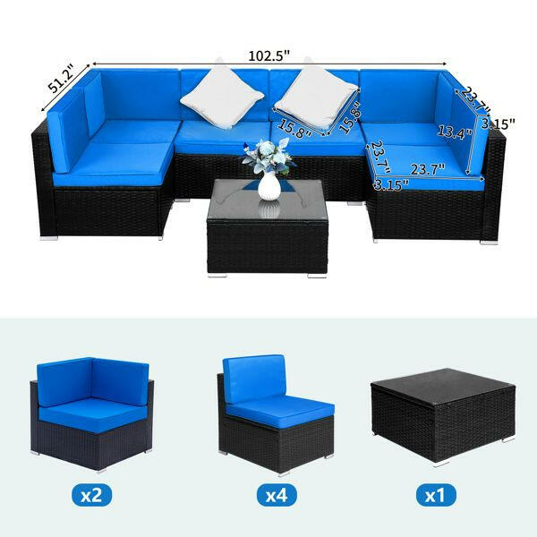 Fully Equipped Weaving Rattan Sofa Set with 2pcs Middle Sofas & 4pcs Single Sofas & 1 pc Coffee Table Black Embossed - Woven Rattan.