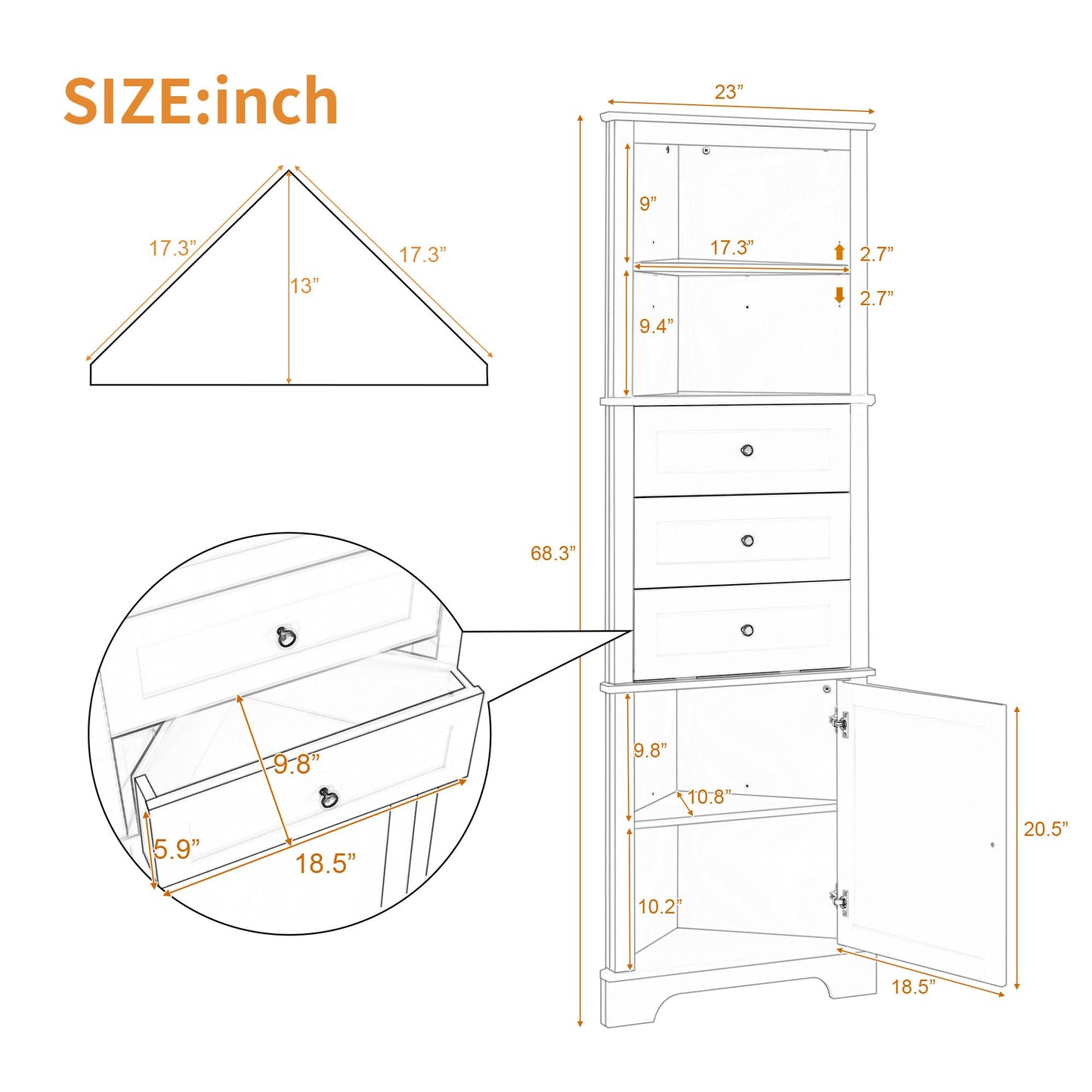 Triangle Tall Cabinet with 3 Drawers and Adjustable Shelves for Bathroom;  Kitchen or Living Room;  MDF Board with Painted Finish