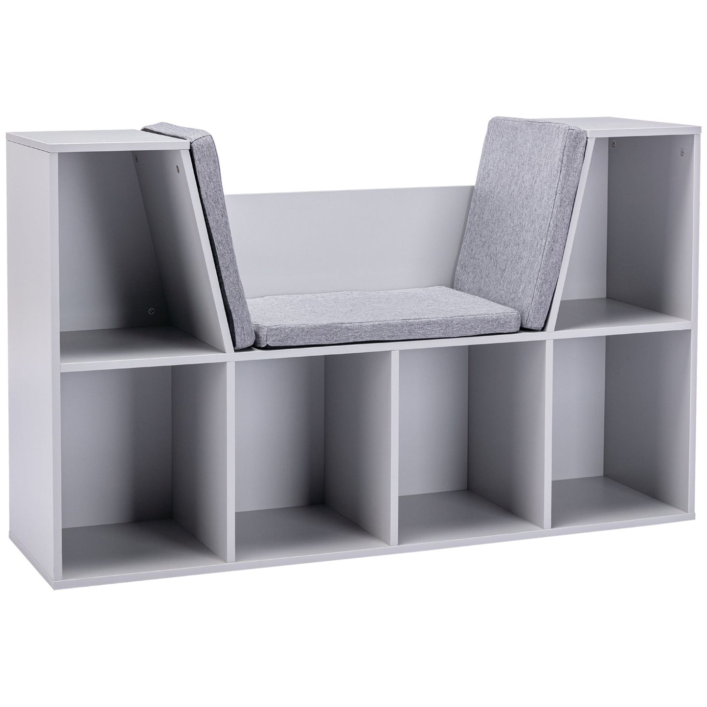 6-Cubby Kids Bookcase with Reading Nook and Cushion, Multi-Purpose Storage Organizer for Bedroom, Living Room, Grey