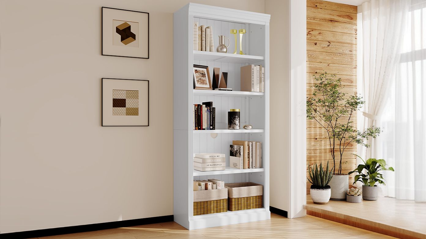 83" Tall Wood Bookcase Suite ,5-Tier Home Decor Bookshelves Suite with Adjustable Shelves,Storage Organizer for CDs/Books/Movies,Free Standing Storage Shelves Suite for Living Room,Office,White