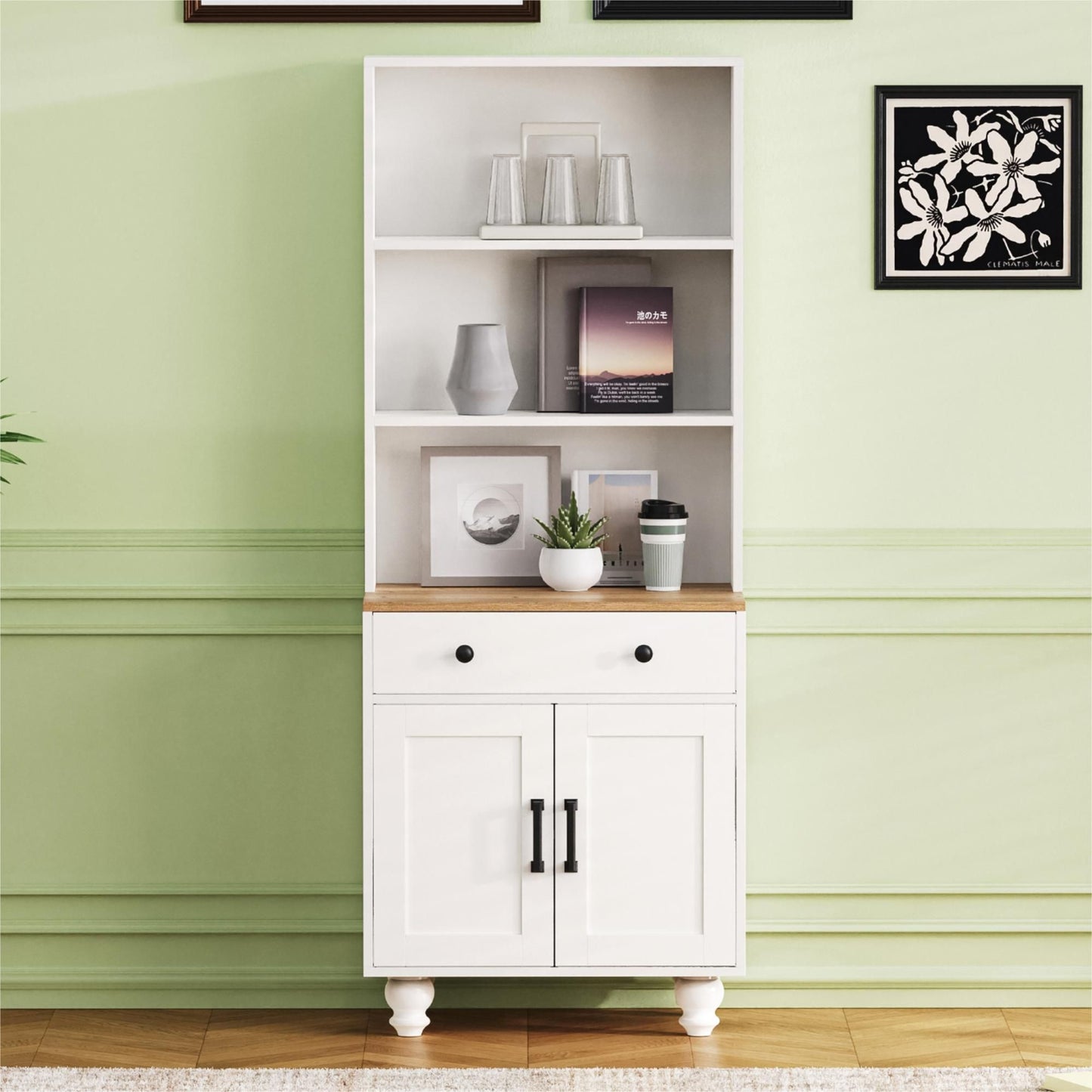 ON-TREND Farmhouse Storage Cabinet with 4 Solid Wood Gourd-Shaped Legs, Modern Kitchen Pantry Cabinet with Adjustable Shelves, 5 Tier Bookshelf with Drawer for Living Room, White