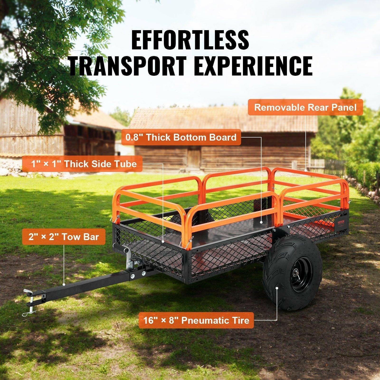 VEVOR Heavy Duty Steel ATV Dump Trailer, 1500-Pound Load Capacity 15 Cubic Feet, Tow Behind Dump Cart Garden Trailer, with Removable Sides and 2 Tires, for Mowers, Tractors, ATV, UTV.