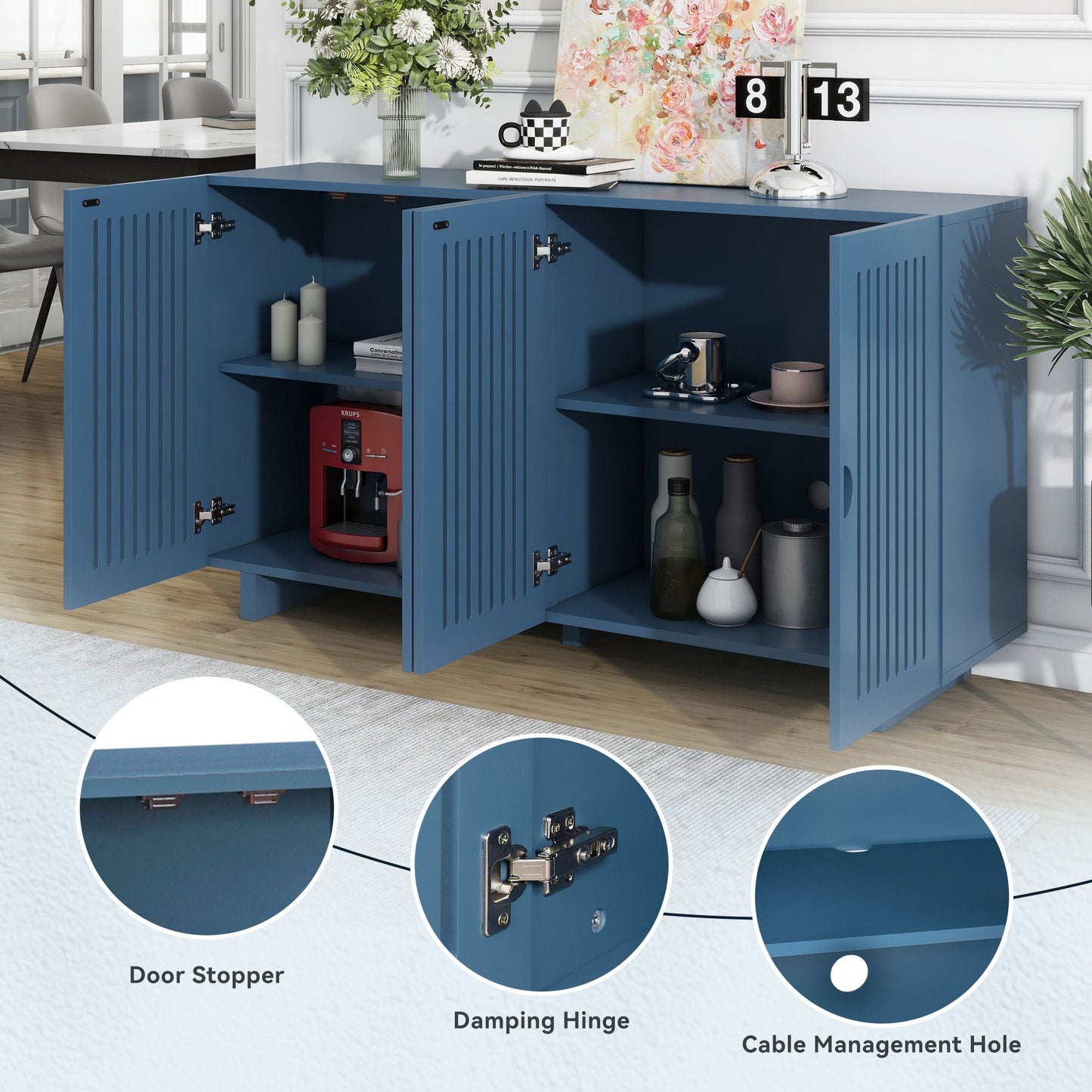 TREXM Modern Style Sideboard with Superior Storage Space, Hollow Door Design and 2 Adjustable Shelves for Living Room and Dining Room (Navy Blue)