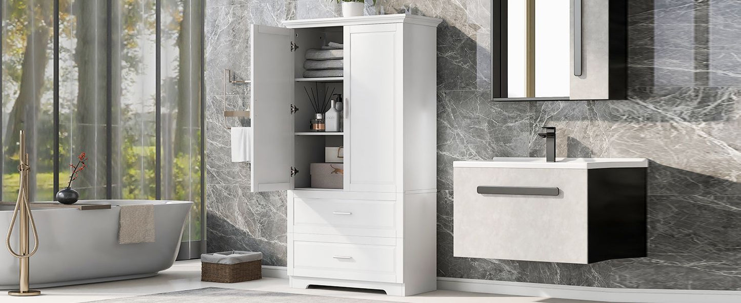 Tall Bathroom Storage Cabinet, Cabinet with Two Doors and Drawers, Adjustable Shelf, MDF Board, White