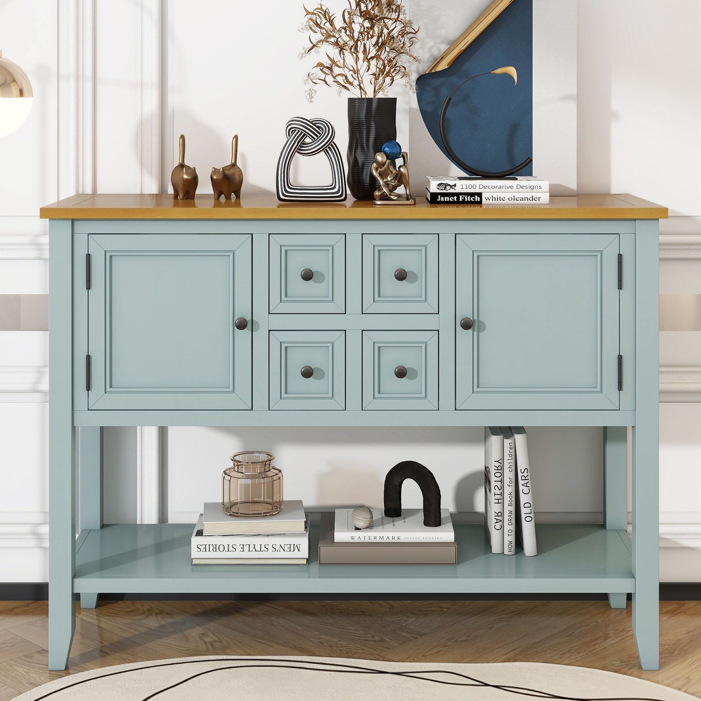 TREXM Cambridge Series Ample Storage Vintage Console Table with Four Small Drawers and Bottom Shelf for Living Rooms, Entrances and Kitchens (Lime White, OLD SKU: WF190263AAK)