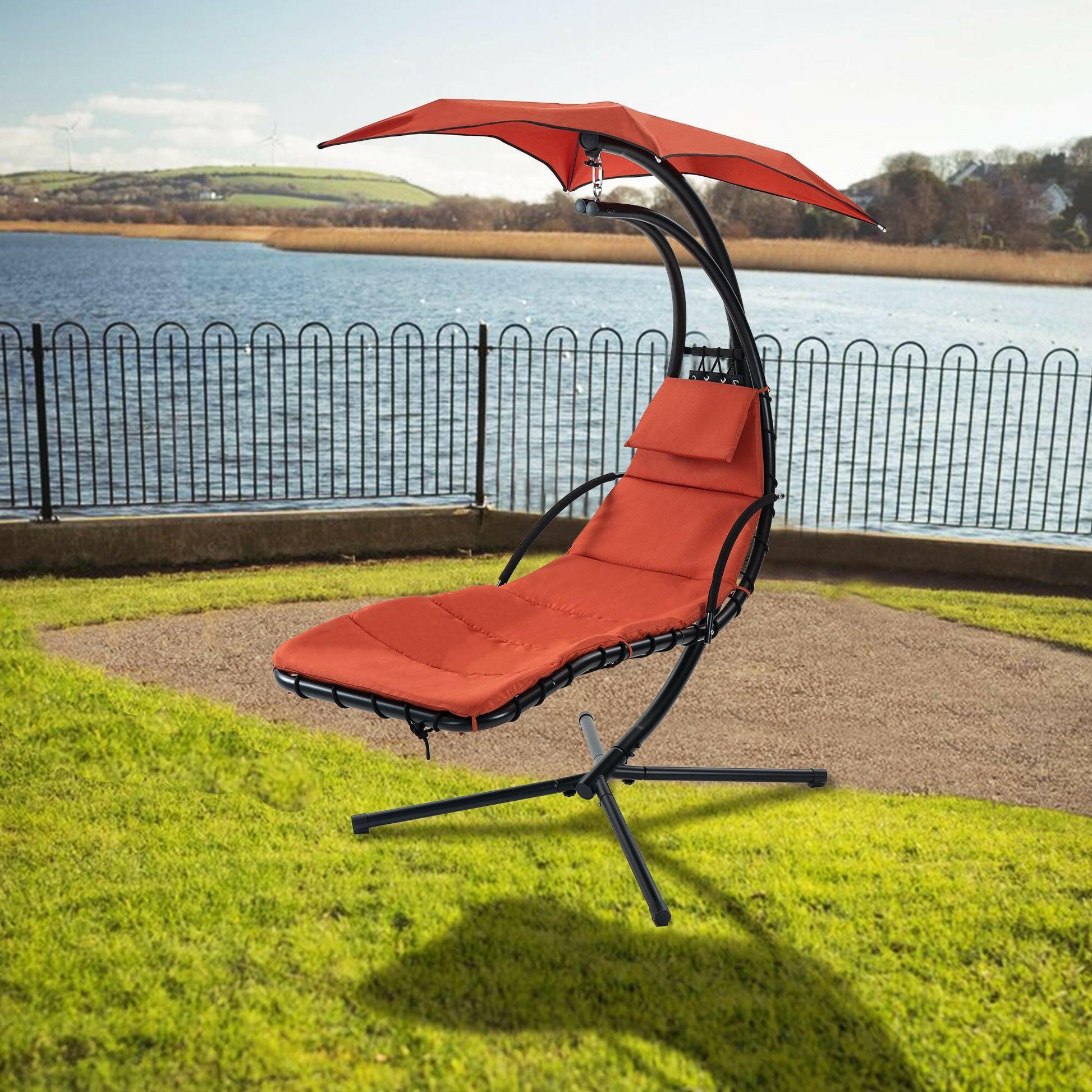 Hanging Chaise Lounger with Removable Canopy, Outdoor Swing Chair with Built-in Pillow, Hanging Curved Chaise Lounge Chair Swing for Patio Porch Poolside, Hammock Chair with Stand (Orange).