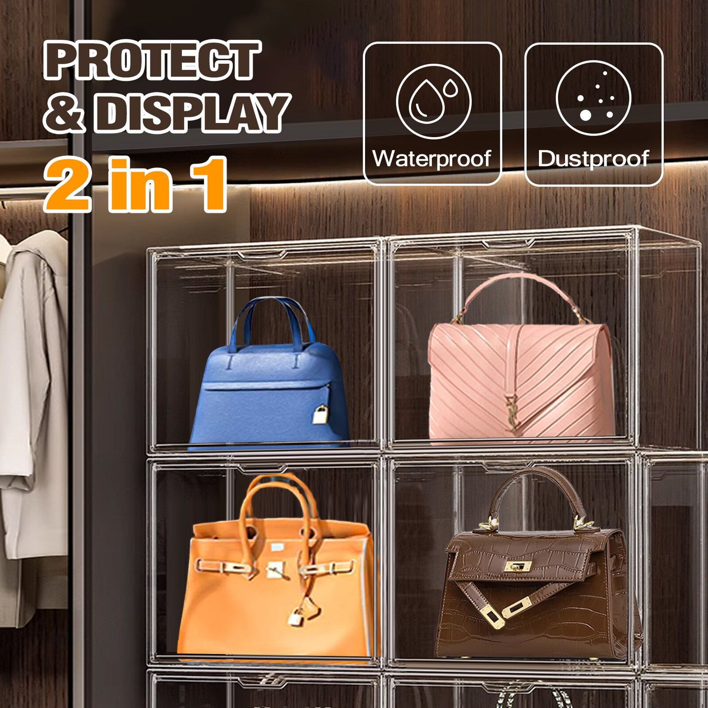 4PCS Purse Organizer for Closet X-Large Acrylic Handbag Display Clear Stackable Shoe Boxes with Lids Storage Box