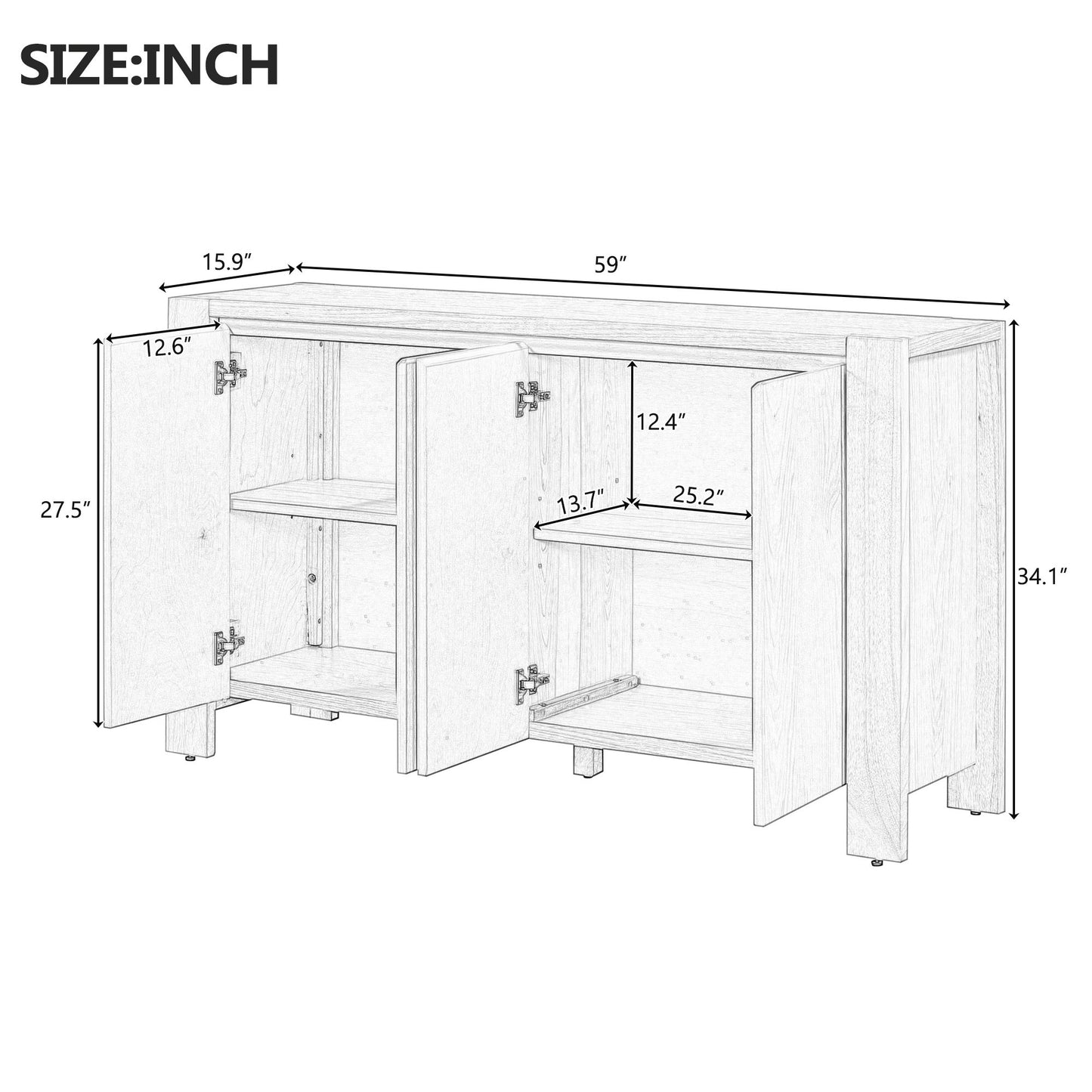 Retro 4-door Sideboard with Distressed Finish and Adjustable Shelves for Dining Room,Kitchen,and Living Room