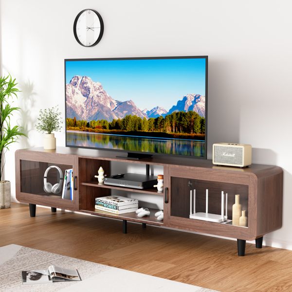 TV Stand for 55/60/65/70", Wood Entertainment Center with Power Outlets, Media Console with Sliding Doors and Open Shelf for Living Room, Walnut